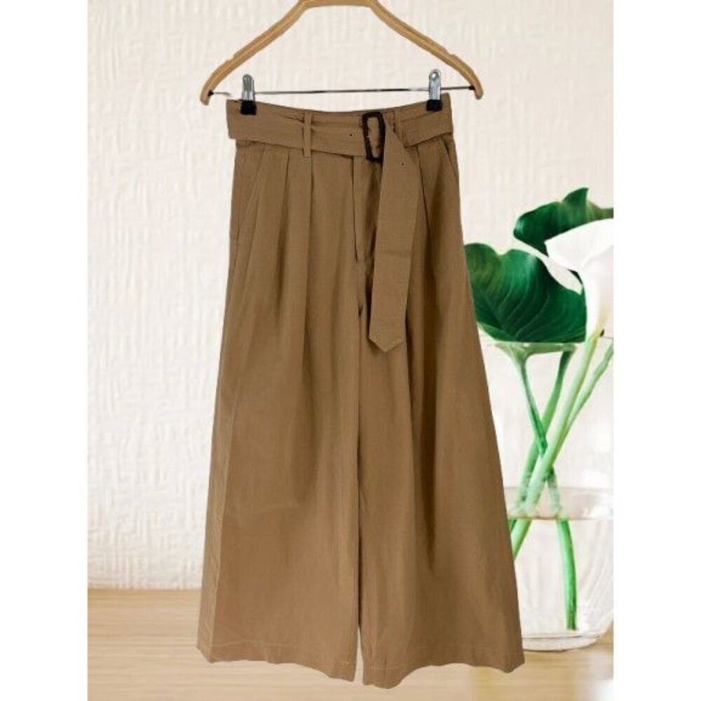 Macphee Tomorrowland Camel Wide-Leg High-Rise Pants With Belt Cotton & Leather B
